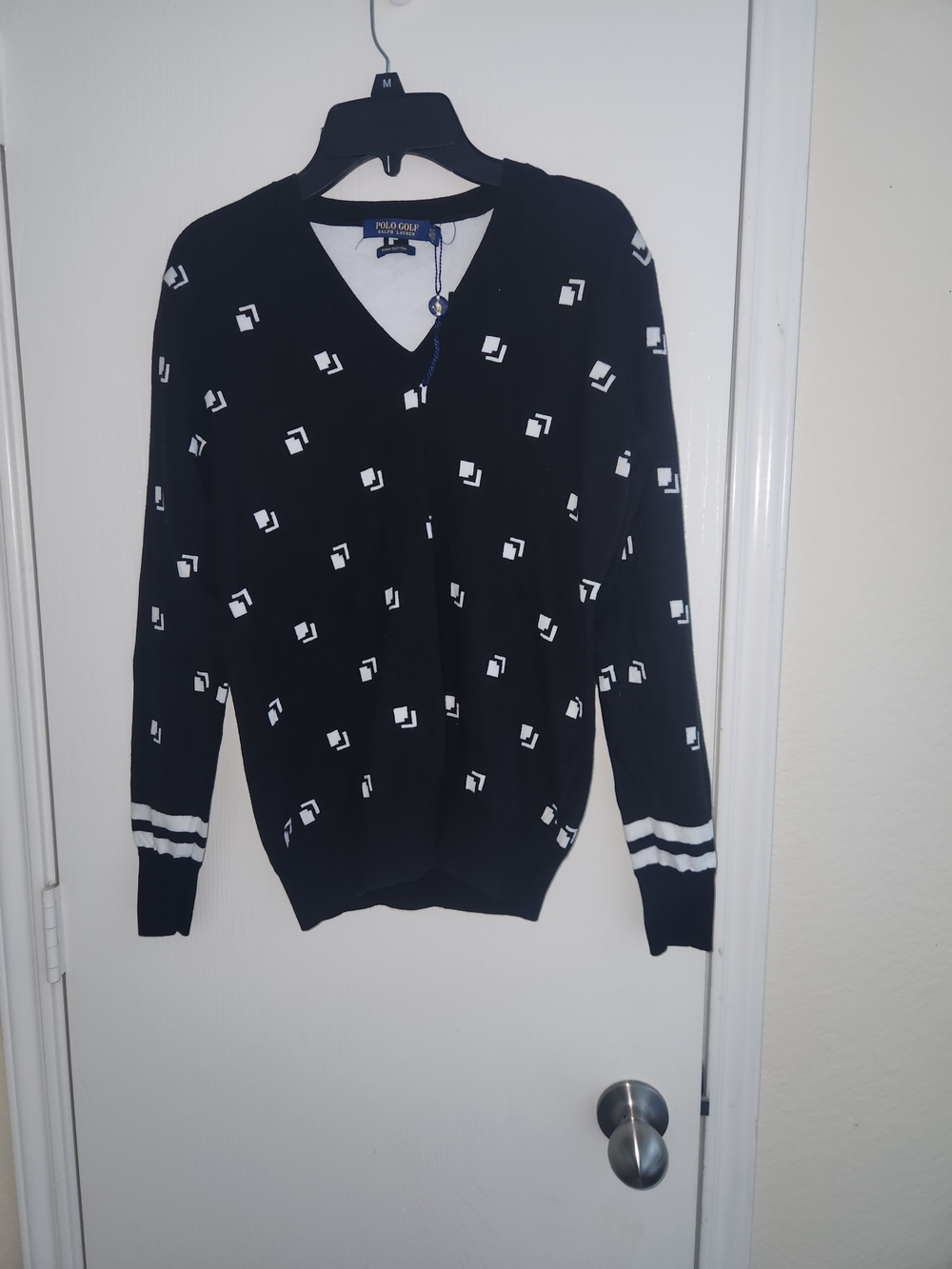 Polo Golf Women’s Black V-Neck Sweater with White Geometric Motif